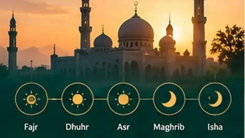 Mosque at sunset with a visual daily prayer rhythm from Fajr to Isha
