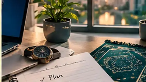 Work desk paused beside a prayer mat to protect salah during a busy day