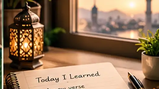 Quran reflection journal and pen beside a warm evening window