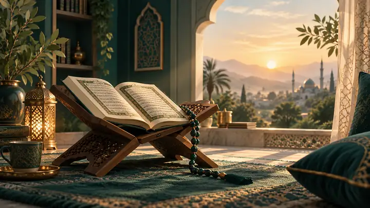 Open Quran in a peaceful sunrise reading space