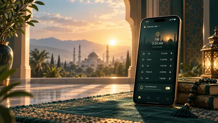Prayer times and reminders in a peaceful dawn setting