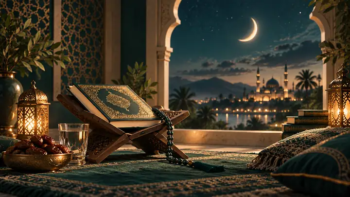 Ramadan Quran reading setting with crescent moon, lanterns and dates